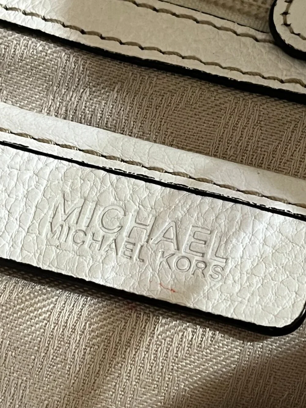 MICHAEL KORS Tan & White Marina Canvas Drawstring Bucket Bag